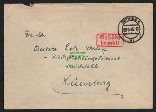 B10587 Brief BAZ Gebühr bezahlt 1945 Detmold nach Lüneburg