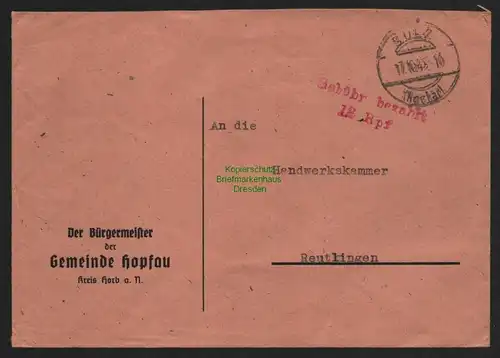 B10578 Brief BAZ Gebühr bezahlt 1945 Sulz Neckar nach Reutlingen Hopfau Der