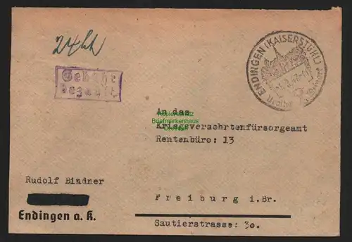 B10594 Briefteil BAZ Gebühr bezahlt  1947 Endingen am Kaiserstuhl nach Freiburg