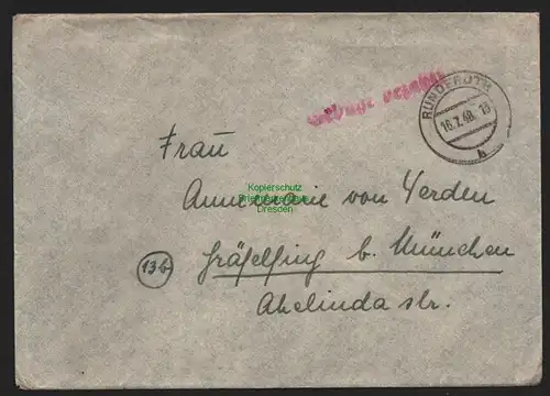 B10547 Brief BAZ Gebühr bezahlt 1948 Ründeroth nach Gräfeling b. München