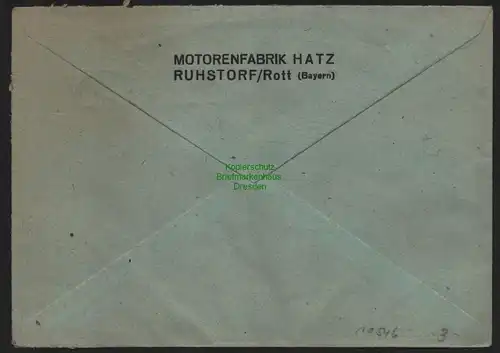 B10546 Brief BAZ Gebühr bezahlt 1945 Ruhstorf an der Rott Motorenfabrik Hatz