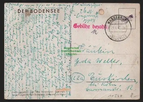 B10567 Brief BAZ Gebühr bezahlt 1947 Wasserburg Bodensee nach Euskirchen