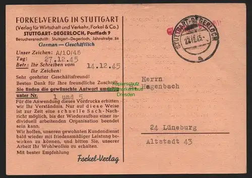 B10554 Postkarte BAZ Gebühr bezahlt 1945 Stuttgart-Degerloch nach Lüneburg