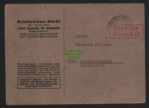 B10586 Brief BAZ Gebühr bezahlt 1948 Dassel Kr. Einbeck nach Aschaffenburg