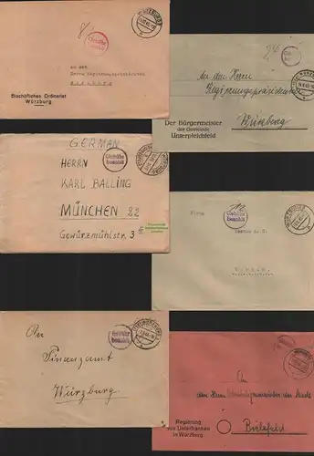 B10511 6x Brief BAZ Gebühr bezahlt 1945 Würzburg Heidingsfeld nach München