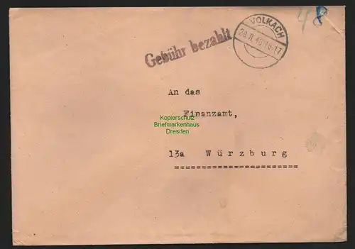 B10565 Brief BAZ Gebühr bezahlt 1946 Volkach nach Würzburg