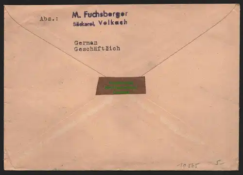 B10565 Brief BAZ Gebühr bezahlt 1946 Volkach nach Würzburg