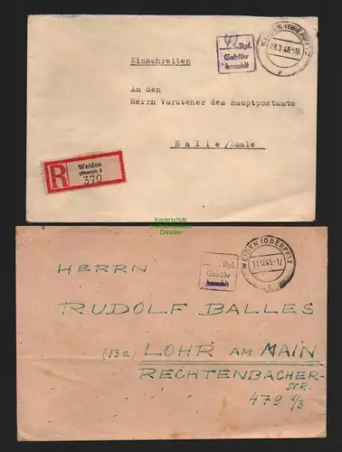 B10515 Brief BAZ Gebühr bezahlt 1945 Weiden Oberpf. Einschreiben n. Halle Saale