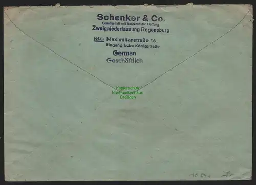 B10541 Brief BAZ Gebühr bezahlt 1945 Regensburg nach München Schenker & Co.