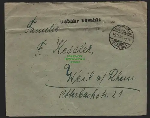 B10543 Brief BAZ Gebühr bezahlt 1945 Rotenfels Murgtal nach Weil a. Rhein