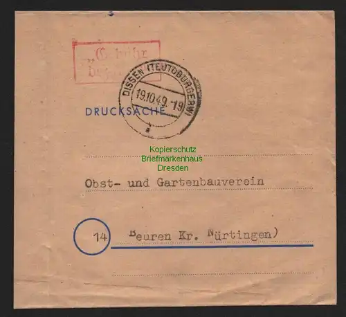 B10589 Brief BAZ Gebühr bezahlt 1949 Dissen Teutoburgerwald nach Beuren