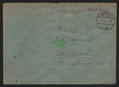 B10573 Brief BAZ Gebühr bezahlt 1946 Wörth a. Isar nach Landshut