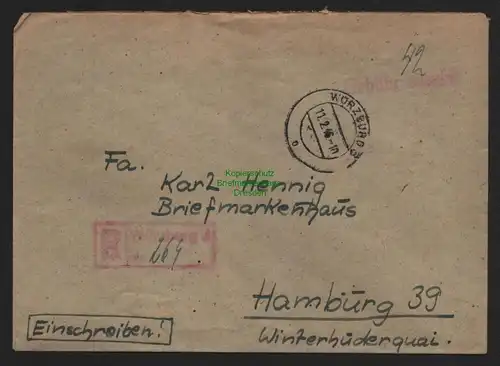 B10574 Brief BAZ Gebühr bezahlt 1946 Würzburg Einschreiben nach Hamburg