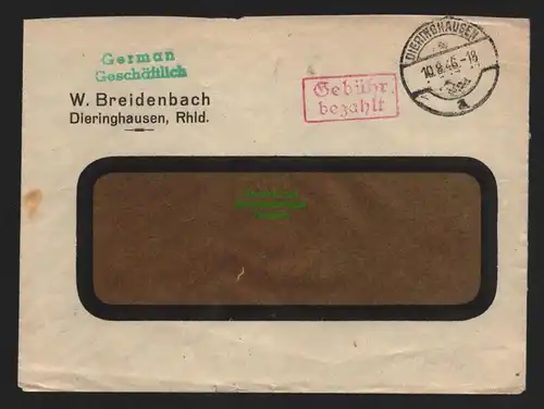 B10588 Brief BAZ Gebühr bezahlt 1946 Dieringhausen Rheinland