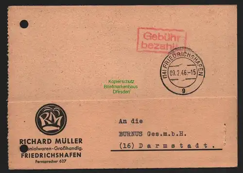 B10598 Postkarte Friedrichshafen 1946 BAZ Gebühr bezahlt nach Darmstadt