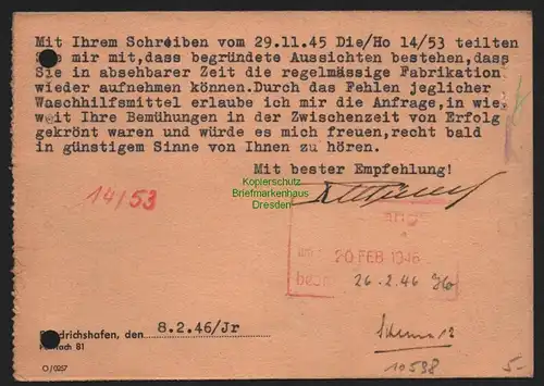 B10598 Postkarte Friedrichshafen 1946 BAZ Gebühr bezahlt nach Darmstadt