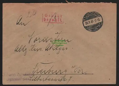 B10584 Brief BAZ Gebühr bezahlt 1946 Bonndorf nach Freiburg i. Br.