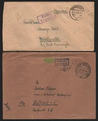 B10592 2x Brief BAZ Gebühr bezahlt 1946 Eimeldingen nach Stuttgart Emmendingen