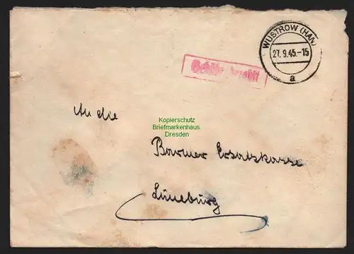 B10498 Brief BAZ Gebühr bezahlt 1945 Wustrow Han nach Lüneburg