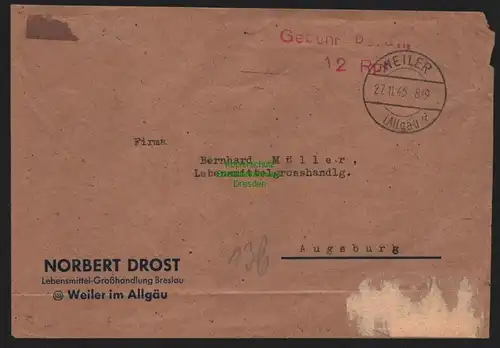 B10390 Brief BAZ Gebühr bezahlt 1945 Weiler im Allgäu nach Augsburg