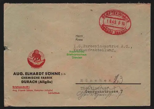 B10327 Brief BAZ Gebühr bezahlt 1945 Durach Kempten Allgäu nach München