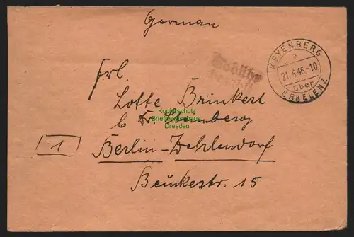 B10406 Brief BAZ Gebühr bezahlt 1946 Keyenberg über Erkelenz n Berlin Zehlendorf