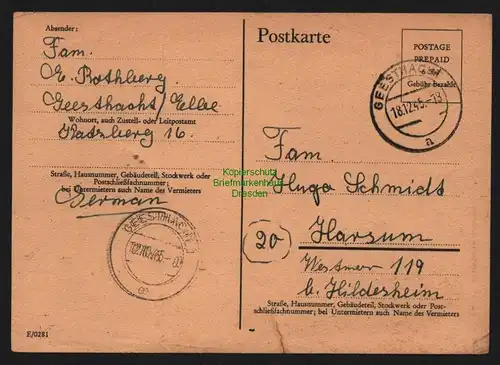 B10311  BAZ Notganzsache 1945 Geesthacht nach Harsum