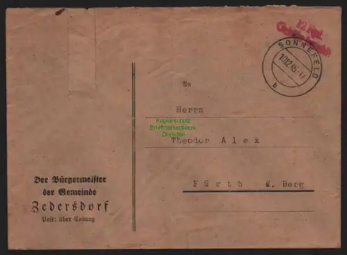 B10392 Brief BAZ Gebühr bezahlt 1945 Sonnefeld n. Fürth Bürgermeister Zedersdorf