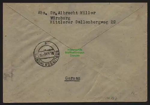 B10337 Brief Einschreiben BAZ Gebühr bezahlt 1946 Würzburg nach Böblingen