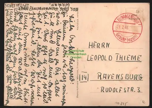 B10345 Postkarte Gebühr bezahlt 1946 Ellwangen (Jagst) nach Ravensburg