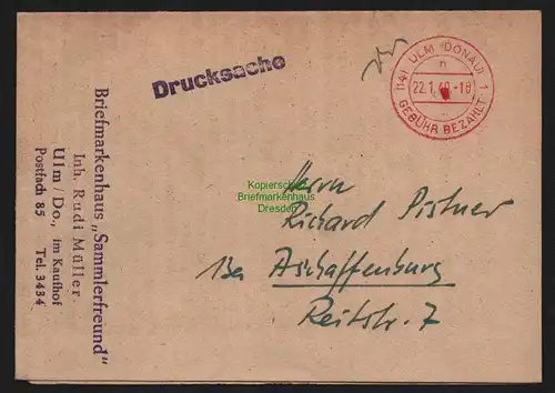 B10342 Brief BAZ Gebühr bezahlt 1949 Ulm Donau Drucksache nach Aschaffenburg