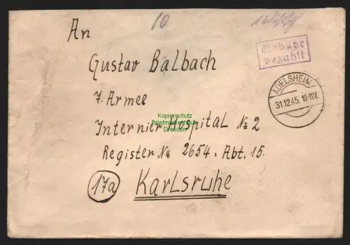 B10389 Brief BAZ Gebühr bezahlt 31.12.1945 Adelsheim nach Karlsruhe