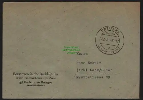 B10343 Brief franz. Zone Gebühr bezahlt Freiburg Breisgau 1948 nach Lahr Baden