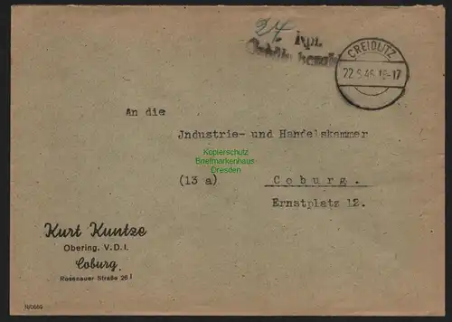 B10393 Brief BAZ Gebühr bezahlt 1946 Creidlitz n. Coburg Oberring Handelskammer