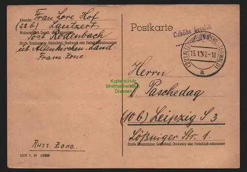 B10395 Postkarte BAZ Gebühr bezahlt 1947 Atenkirchen Westerwald nach Leipzig