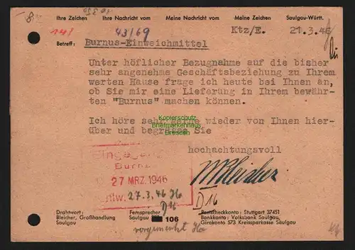 B10350 Postkarte BAZ Gebühr bezahlt 1946 Saulgau Württ n. Darmstadt Lebensmittel