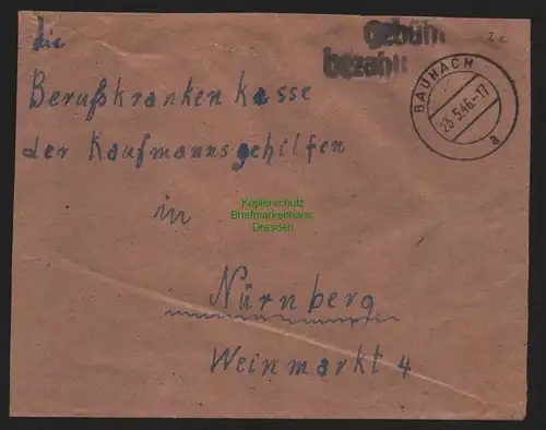 B10396 Brief BAZ Gebühr bezahlt 1946 Braunach nach Nürnberg