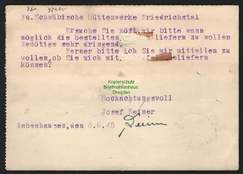 B10426 Postkarte BAZ Gebühr bezahlt 1945 Babenhausen (Schwaben) n Friedrichstal