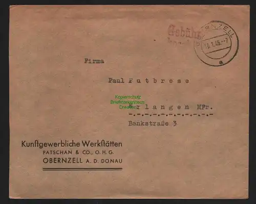 B10413 Brief BAZ Gebühr bezahlt 1946 Obernzell a. d. Donau nach Erlangen MFr.