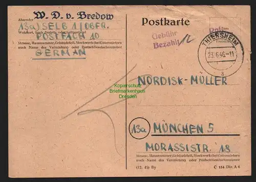 B10420 Postkarte BAZ Gebühr bezahlt 1946 Thiersheim nach München