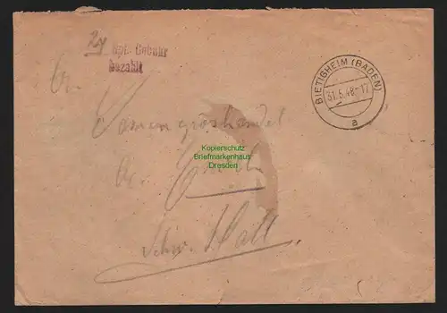 B10432 Brief BAZ Gebühr bezahlt 1948 Bietigheim Baden nach Schwäbisch Hall
