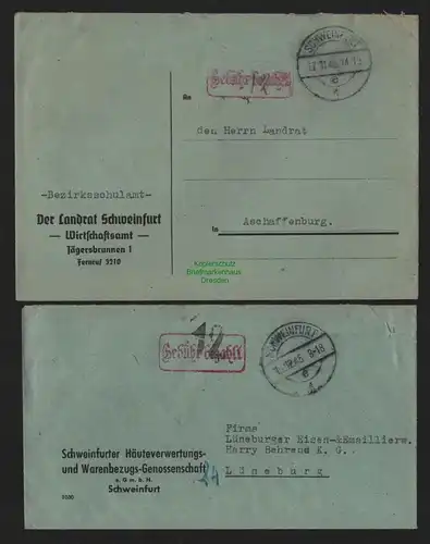 B10475 2x Brief BAZ Gebühr bezahlt 1945 Schweinfurt nach Lüneburg Aschaffenburg