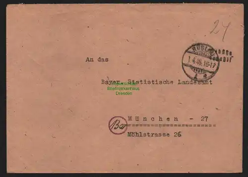 B10416 Brief BAZ Gebühr bezahlt 1946 Röslau Oberröslau Ofr. nach München