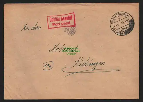 B10463 Brief BAZ Gebühr bezahlt 1946 Niedereschach über Villingen nach Säckingen