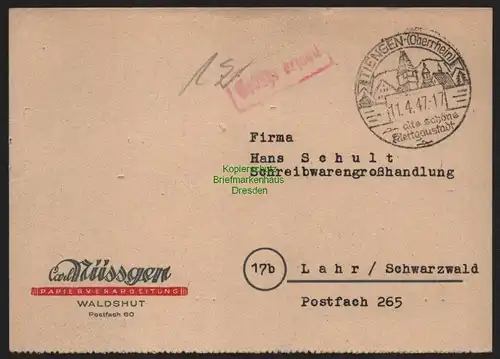 B10481 Postkarte BAZ Gebühr bezahlt 1947 Tiengen Oberrhein nach Lahr Schwarzwald