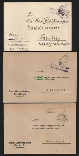 B10449 3x Brief BAZ Gebühr bezahlt 1946 Taxe percue Gerolzhofen nach Nürnberg