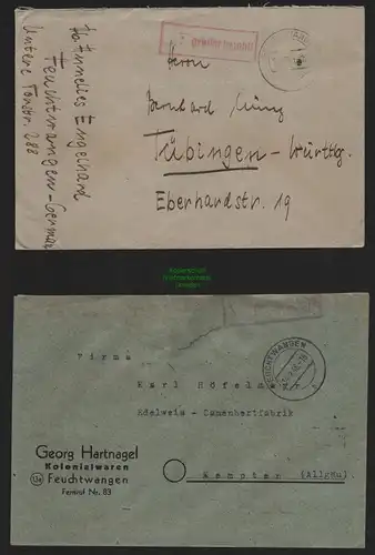 B10501 Brief BAZ Gebühr bezahlt Feuchtwangen 1945 nach Tübingen 1946 n. Kempten