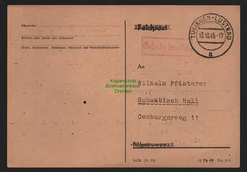 B10484 Postkarte BAZ Gebühr bezahlt 1945 Tübingen Lustnau nach Schwäbisch Hall