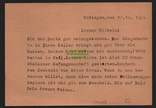 B10484 Postkarte BAZ Gebühr bezahlt 1945 Tübingen Lustnau nach Schwäbisch Hall