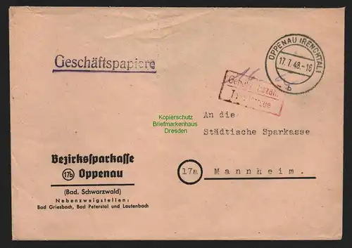 B10450 Brief BAZ Gebühr bezahlt 1948 Oppenau Renchtal Bad. Schwarzwald Mannheim